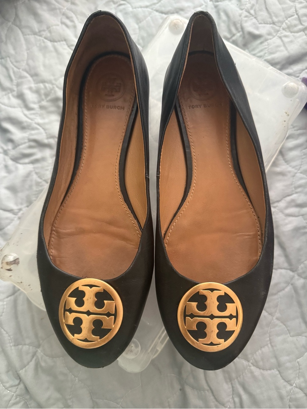 Tory Burch Black Leather Flats with Gold Logo Emblem